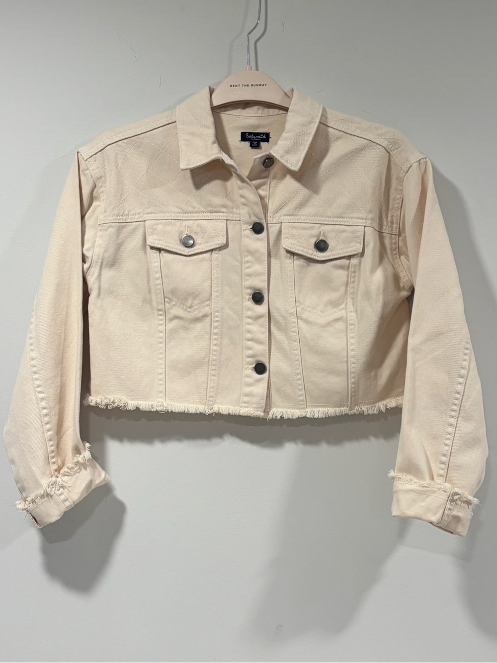 Splendid Cropped Denim Jacket Cream Ivory Frayed Hem Quilted Yoke XS